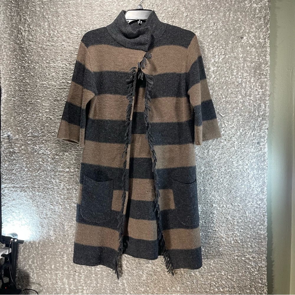 Smitten Lambswool Cashmere Blend Cardigan Duster Sweater Brown Small Fringe